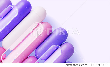 Abstract 3D diagonal rounded line pattern. Geometric border of glass overlapping shapes, color pink blue purple stripes with white dot texture on pastel background, technology banner. 3D illustration 136991935