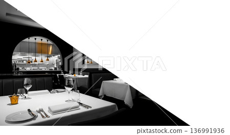 Restaurant interior dining table setting and open kitchen black and white interior 136991936