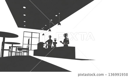 Cafe interior silhouette illustration counter and barista white background 136991938