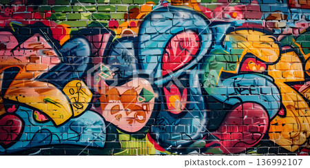 Colorful Graffiti on Wall Background, Background Featuring Colorful Graffiti on Wall - Ai Generated 136992107