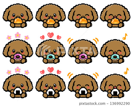 A set of cute toy poodles sitting and eating A set of cute toy poodles sitting and eating 136992290