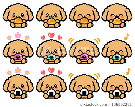 Set 2 of cute toy poodles sitting and eating 136992291