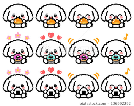 一組3隻可愛的玩具貴賓犬坐著吃飯 136992292