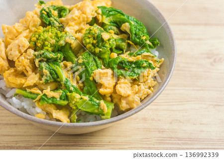 Taste of Spring: Rape Blossom and Egg Rice Bowl Taste of Spring: Rape Blossom and Egg Rice Bowl 136992339