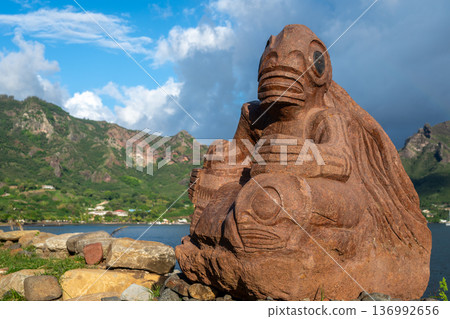 Tiki at Tohua Temehea archaeological site in Taiohae, Nuku Hiva, French Polynesia 136992656