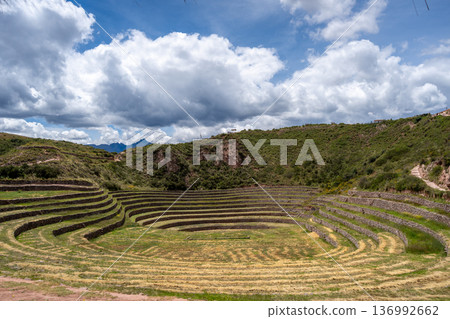 Inca agricultural terraces at Moray in the Sacred Valley, Peru 136992662