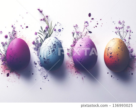 Row of colorful Easter eggs with flowers and splashes on white background 136993025