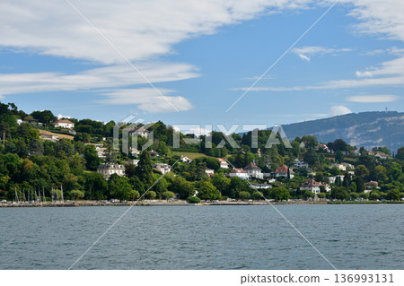 Geneva's lakeside view from Lake Geneva, photographed on August 15, 2022 Geneva's lakeside view from Lake Geneva, photographed on August 15, 2022 136993131