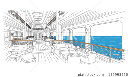 客輪渡輪內部休息室和海景窗的線條圖插圖 136993356