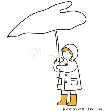 一幅用線條勾勒的兒童身穿雨衣，以樹葉為傘的圖畫。 136993368