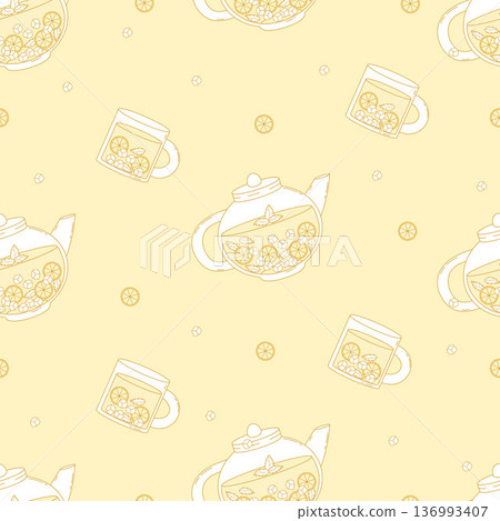 Homemade Citrus Lemonade Seamless Pattern. Refreshing Summer Drink with Glass Teapot and Mug with Lemon, Mint and Ice Cubes on Yellow Background. Vector Illustration 136993407