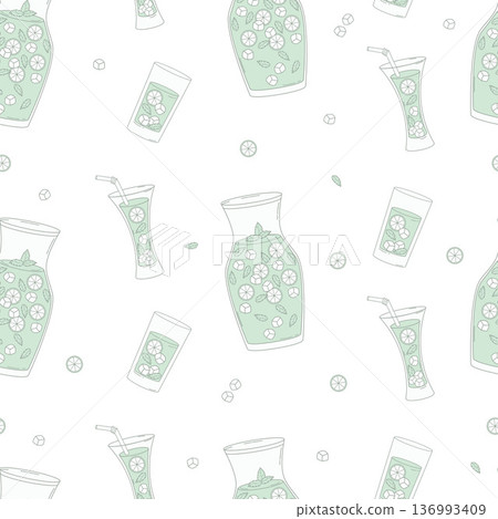 Seamless Pattern with Fresh Lime and Mint Summer Green Drinks in Glass Carafes on White Background. Refreshing Lemonade Minimalist Square template. Vector Illustration Seamless Pattern with Fresh Lime and Mint Summer Green Drinks in Glass Carafes on White Background. Refreshing Lemonade Minimalist Square template. Vector Illustration 136993409