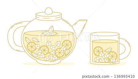 Homemade Citrus Lemonade Set. Glass Teapot and Mug. Isolated Fresh Summer Drink with Ice Cubes and Mint Leaves. Minimalistic Hand Drawings. Vector Illustration Homemade Citrus Lemonade Set. Glass Teapot and Mug. Isolated Fresh Summer Drink with Ice Cubes and Mint Leaves. Minimalistic Hand Drawings. Vector Illustration 136993410