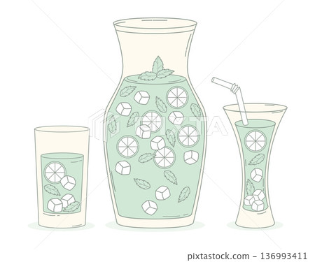 Mint Infused Detox green Water Set with Glass Carafe and Drinking Glasses. Isolated Fresh Summer Drink with Ice Cubes, lime and Mint Leaves. Minimalistic Hand Drawings. Vector Illustration Mint Infused Detox green Water Set with Glass Carafe and Drinking Glasses. Isolated Fresh Summer Drink with Ice Cubes, lime and Mint Leaves. Minimalistic Hand Drawings. Vector Illustration 136993411