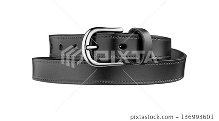 Close-Up of black Leather Belt with Metal Buckle Close-Up of black Leather Belt with Metal Buckle 136993601