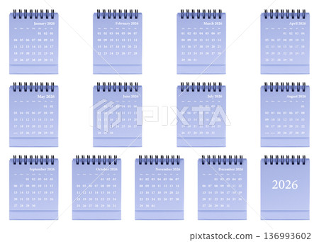 Purple desktop calendar template featuring clean grid layout, spiral-bound planner 2026 organization Purple desktop calendar template featuring clean grid layout, spiral-bound planner 2026 organization 136993602