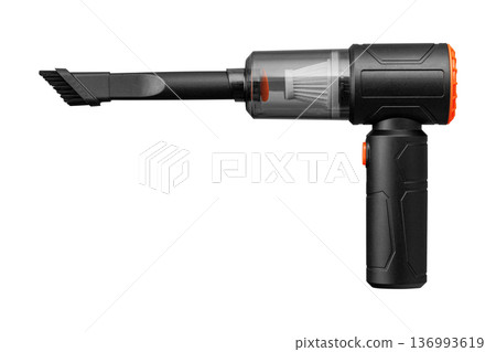 Cordless handheld vacuum cleaner with HEPA filter isolated on white. Professional portable dust buster. Cordless handheld vacuum cleaner with HEPA filter isolated on white. Professional portable dust buster. 136993619