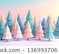森林背景，搭配柔和色調的低多邊形幾何樹木。 136993706