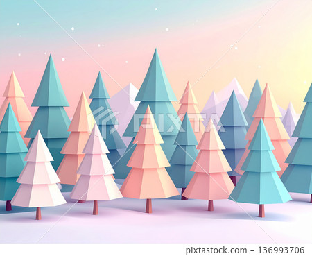 Forest background with pastel colored low poly geometric trees Forest background with pastel colored low poly geometric trees 136993706