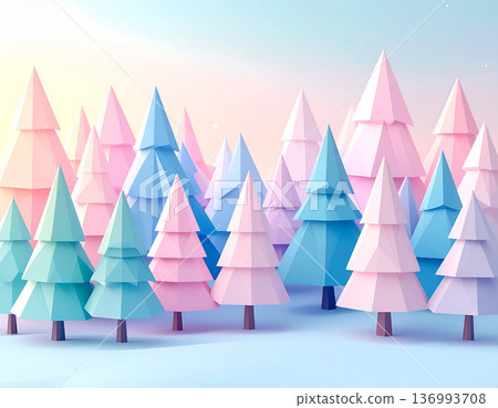 Forest background with pastel colored low poly geometric trees Forest background with pastel colored low poly geometric trees 136993708