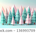 森林背景，搭配柔和色調的低多邊形幾何樹木。 136993709
