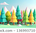 森林背景，搭配柔和色調的低多邊形幾何樹木。 136993710