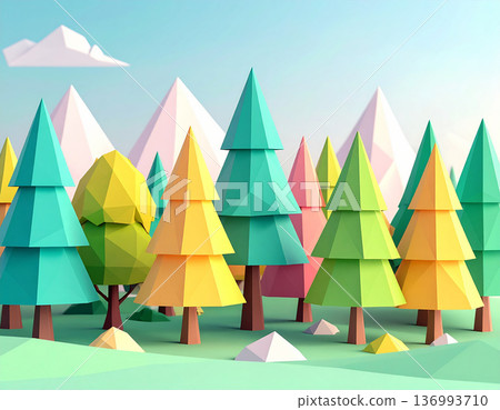 Forest background with pastel colored low poly geometric trees Forest background with pastel colored low poly geometric trees 136993710