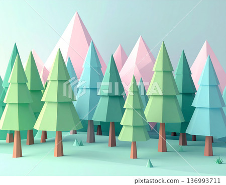 Forest background with pastel colored low poly geometric trees Forest background with pastel colored low poly geometric trees 136993711