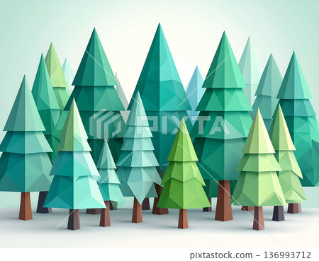 Forest background with pastel colored low poly geometric trees 136993712
