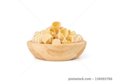 Raw Calamarata Big Pasta Isolated, Homemade Dry Macaroni, Italian Raw Round Noodle 136993766