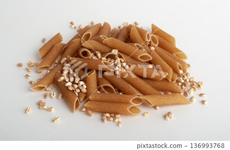 Raw Brown Pasta, Wholegrain Penne, Dry Whole Grain Noodle, Raw Spelt Macaroni, Healthy Italy Food 136993768