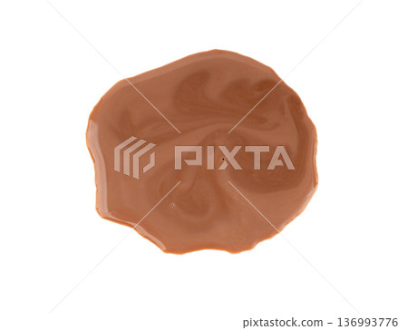 Spilled chocolate milk isolated, hot chocolate puddle, liquid stain, coffee splatter, brown latte 136993776
