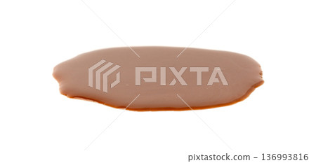 Spilled chocolate milk isolated, hot chocolate puddle, liquid stain, coffee splatter, brown latte 136993816