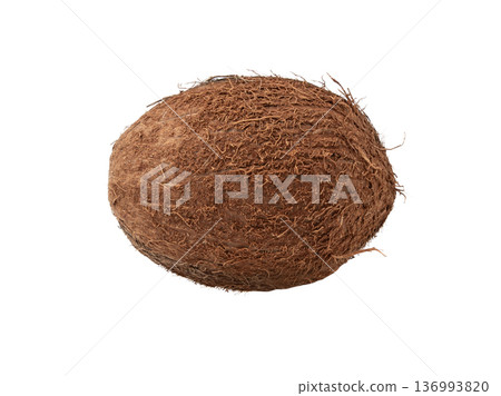 Whole coconut, one coco nut isolated, single fresh tropical palm fruit, natural milk, oil ingredient 136993820