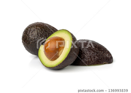 Hass Avocado Half Isolated, Whole Sharwil Set, Brown Avocados Cut, Fresh Alligator Pear, Persea Americana Hass Avocado Half Isolated, Whole Sharwil Set, Brown Avocados Cut, Fresh Alligator Pear, Persea Americana 136993839
