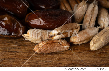 Date seeds and date stones with macro texture 136993842