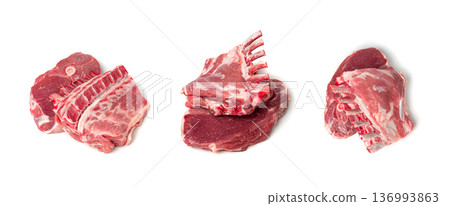 Raw lamb rack isolated, fresh mutton fillet with ribs, tenderloin pieces, mutton rump sirloin meat 136993863