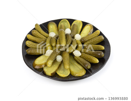Pickled sliced cucumbers, fermented food, marinated canned vegetables, gherkins, pickles Pickled sliced cucumbers, fermented food, marinated canned vegetables, gherkins, pickles 136993880
