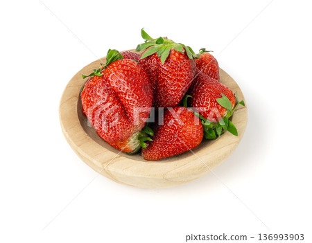 Fresh strawberry isolated, whole ripe straw berry, red juicy imperfect strawberri with green leaves Fresh strawberry isolated, whole ripe straw berry, red juicy imperfect strawberri with green leaves 136993903
