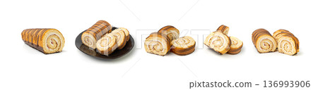 Swiss Roll, Round Sponge Cake Isolated, Sliced Rolled Vanilla Biscuit with Jam Filling 136993906