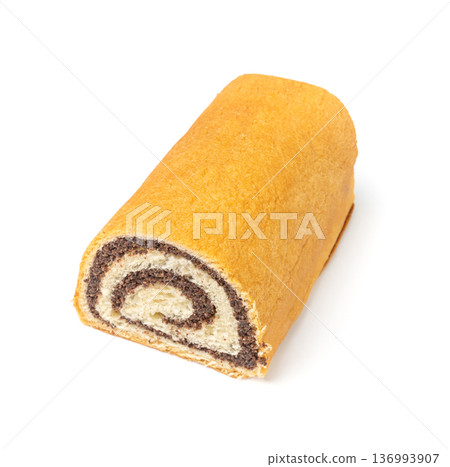 Poppy Seed Swiss Roll, Round Sponge Cake Isolated, Sliced Rolled Vanilla Biscuit with Poppy Seeds Filling Poppy Seed Swiss Roll, Round Sponge Cake Isolated, Sliced Rolled Vanilla Biscuit with Poppy Seeds Filling 136993907