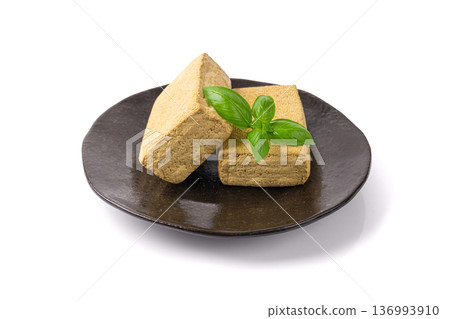 Tofu Cheese Isolated, Smoked Vegan Cheese Slice, Sliced Soya Bean Curd, Soy Protein or TSP 136993910
