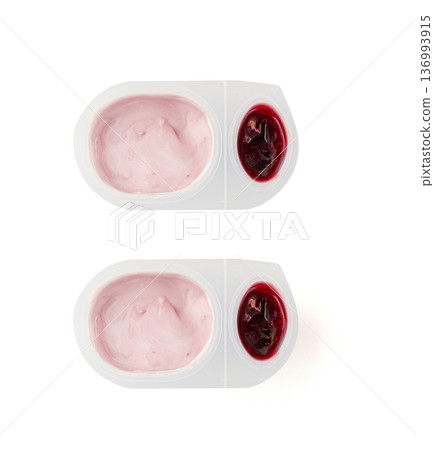 Yogurt cup isolated, white yoghurt with cherry jam in plastic pot, milk pudding container Yogurt cup isolated, white yoghurt with cherry jam in plastic pot, milk pudding container 136993915