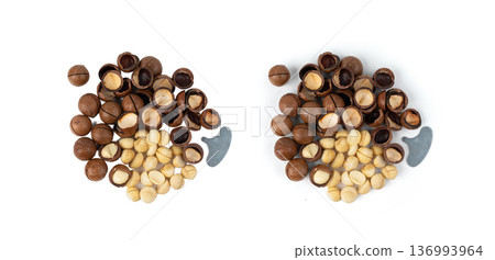 Macadamia nuts isolated. Natural raw peeled macadamia seeds and shells Macadamia nuts isolated. Natural raw peeled macadamia seeds and shells 136993964