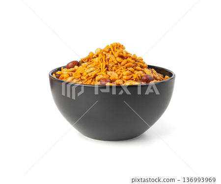 Navrattan namkeen mixture. Indian nimko snack, spicy and sweet farsaan 136993969