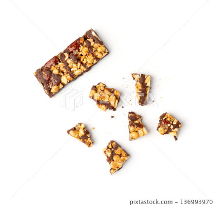 Nut Bar Isolated, Energy Snack with Nuts, Chocolate Muesli Dessert, Protein Candy Bar, Fitness Breakfast Nut Bar Isolated, Energy Snack with Nuts, Chocolate Muesli Dessert, Protein Candy Bar, Fitness Breakfast 136993970