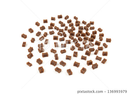Mini bone-shaped pet food, small dogs crunchy treats, flavored brown dry kibble, canine food 136993979