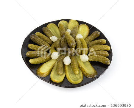 Pickled sliced cucumbers, fermented food, marinated canned vegetables, gherkins, pickles Pickled sliced cucumbers, fermented food, marinated canned vegetables, gherkins, pickles 136993980