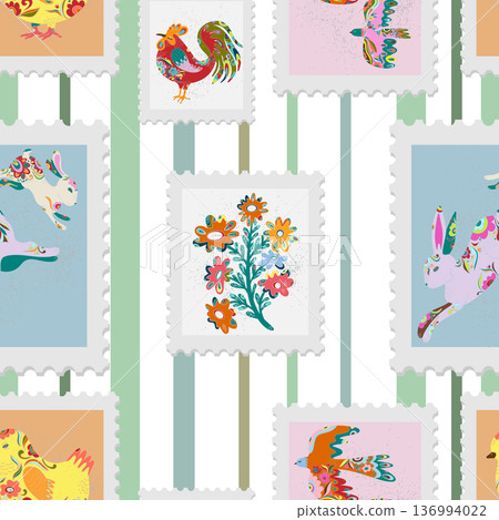 Seamless pattern of Easter spring holiday stamps in folk art style on striped background 136994022