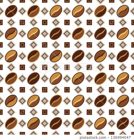 Seamless geometric pattern of coffee. Beans alternate with small squares. Minimalist flat design on transparent background. Suitable for food packaging, branding 136994047